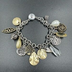 Celtic Knot and Ornate Two Tone Charm Bracelet Magnetic Clasp Pearl Crystal